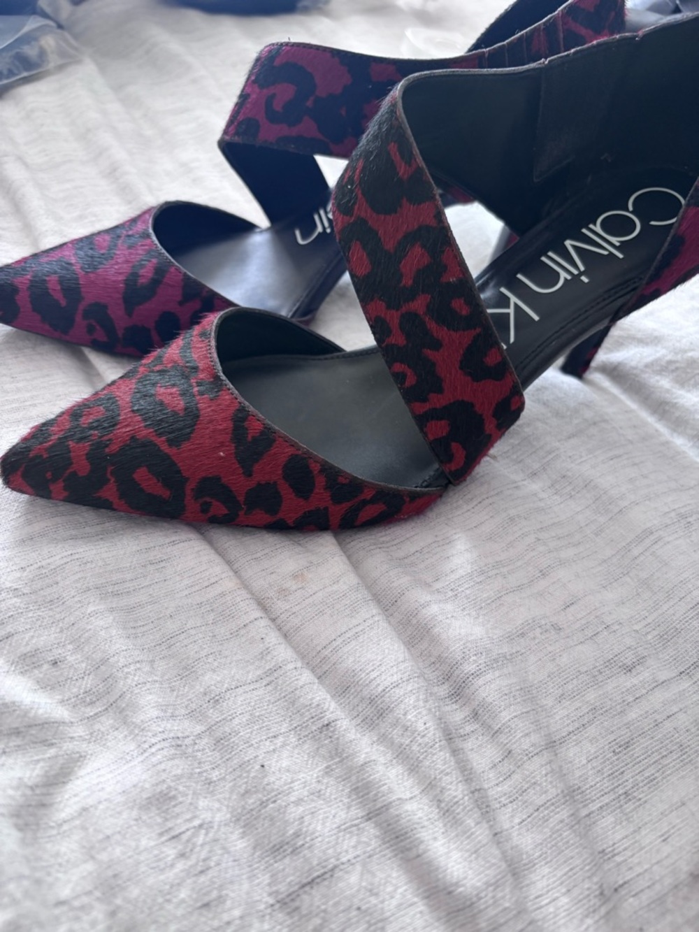 Calvin Klein Burgundy and Black Leopard-Print Pointed Strap Heels